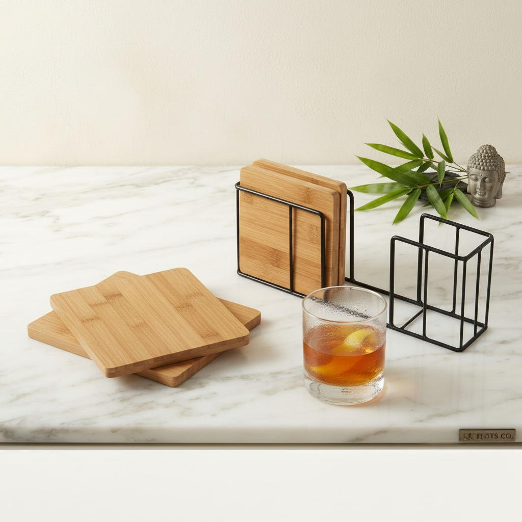 5 piece bamboo chopping board set with four boards and storage holder.