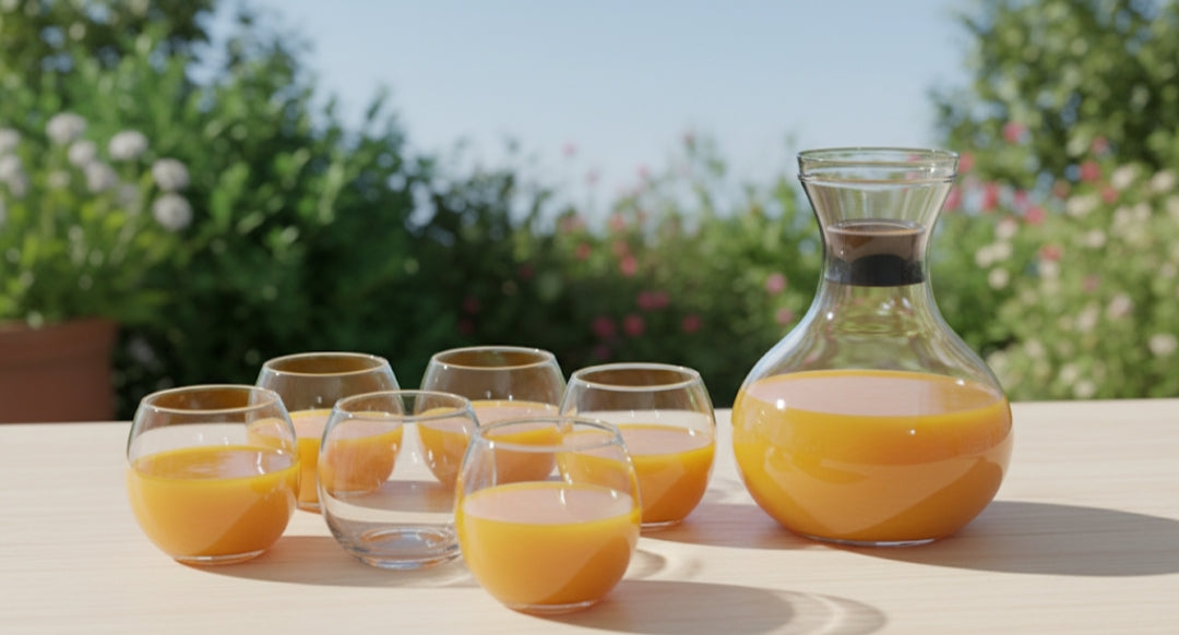 Clear glass round decanter with 6 matching glasses, 800ml capacity.
