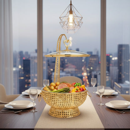 Round golden food server with lid hanger 8L for parties and buffets