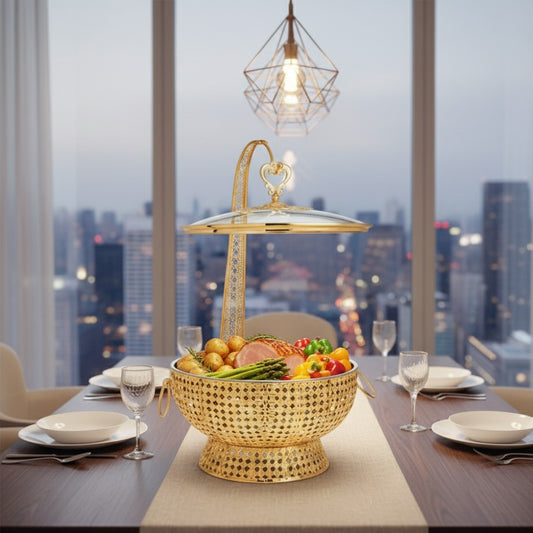 Round golden food server with lid hanger 8L for parties and buffets