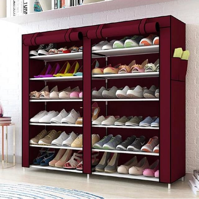 Double column shoe rack with canvas cover