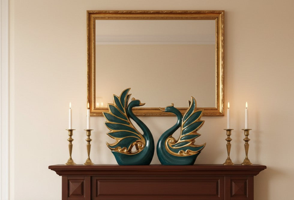 Luxurious ceramic swan decorative centrepiece with glossy finish displayed on table