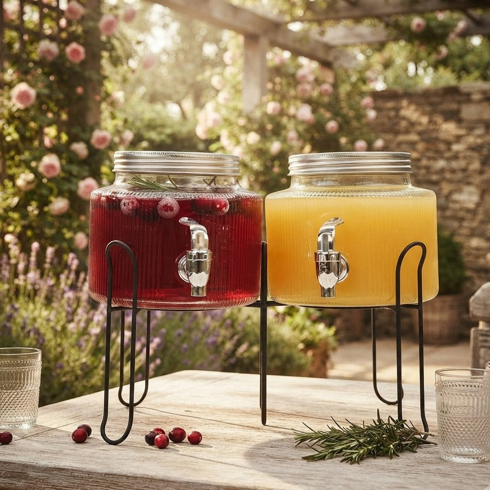 2.5 L juice and drink dispenser available in single and double options for serving cold beverages at home, parties, and events.