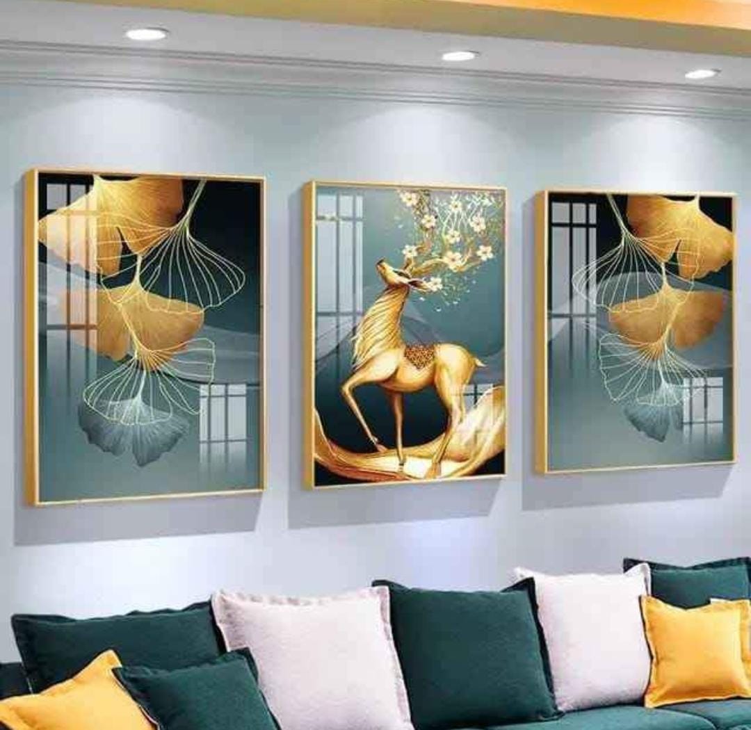 Three-piece crystal porcelain wall art set with aluminium frames.