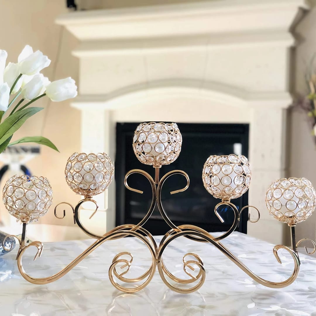 Luxury 5-head crystal candle holder designed as an elegant centerpiece for home décor or special occasions. 