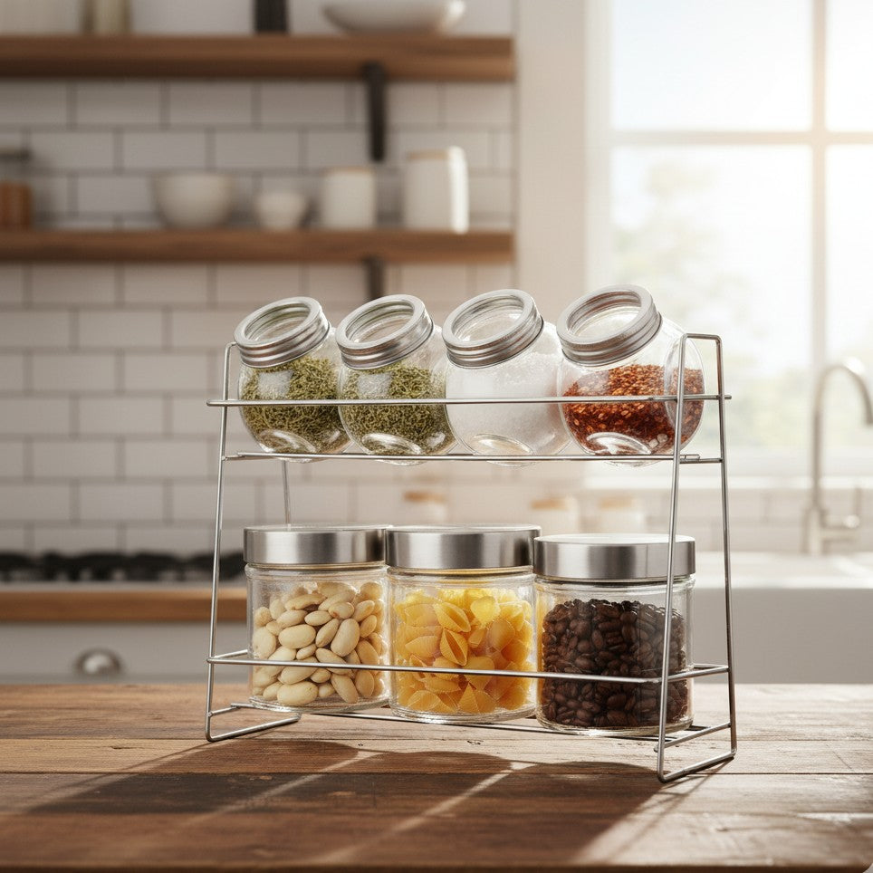 Set of 7 airtight glass jars with stainless steel lids