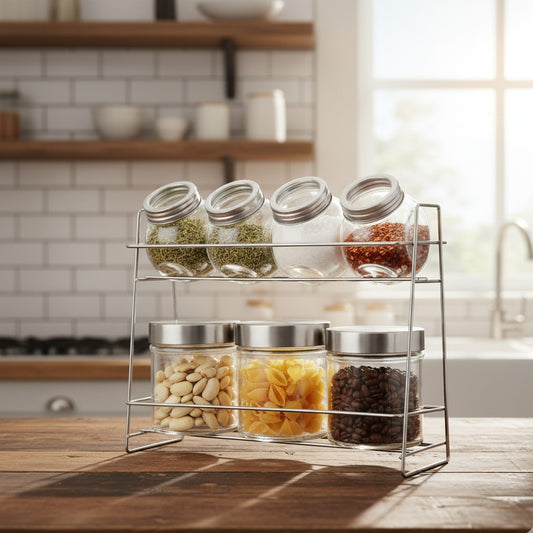 Set of 7 airtight glass jars with stainless steel lids