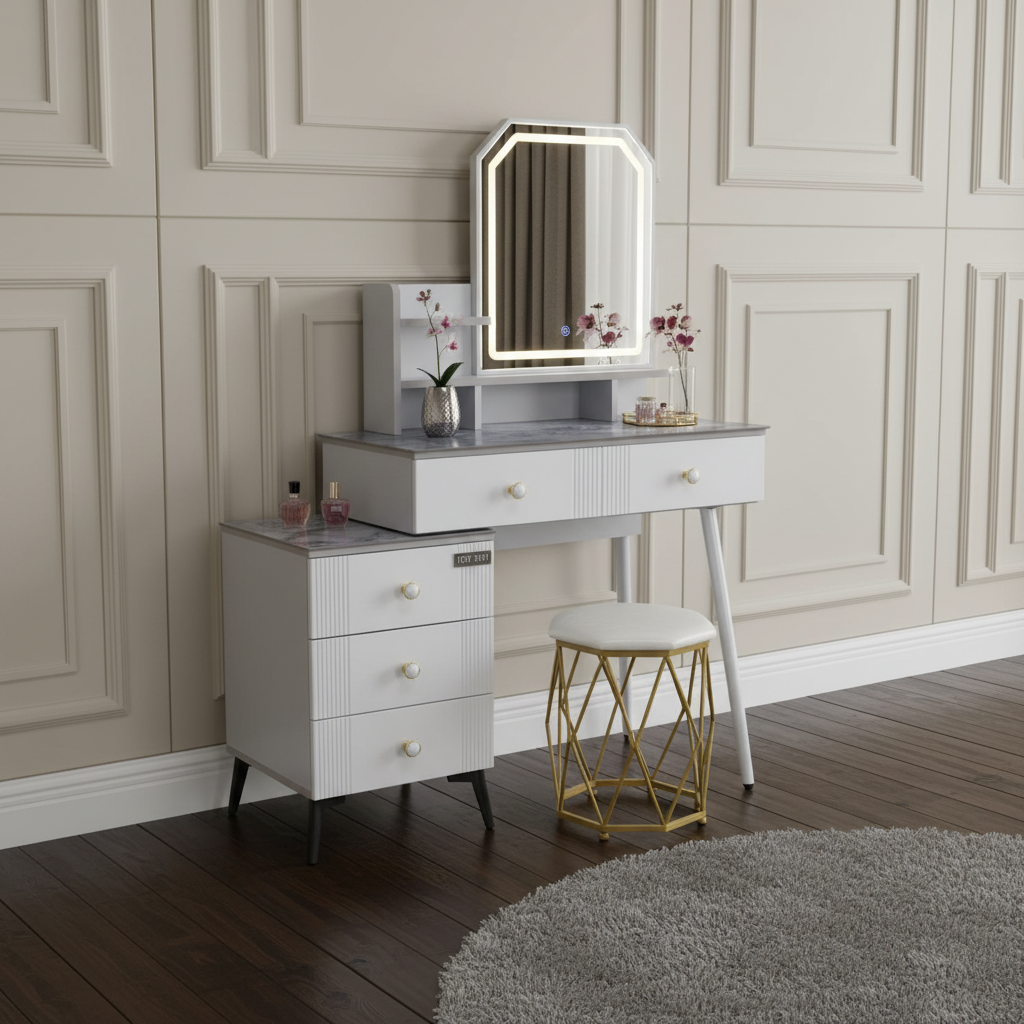 Marble Top LED Vanity Dressing Table With Mirror, Storage Drawers And Stool