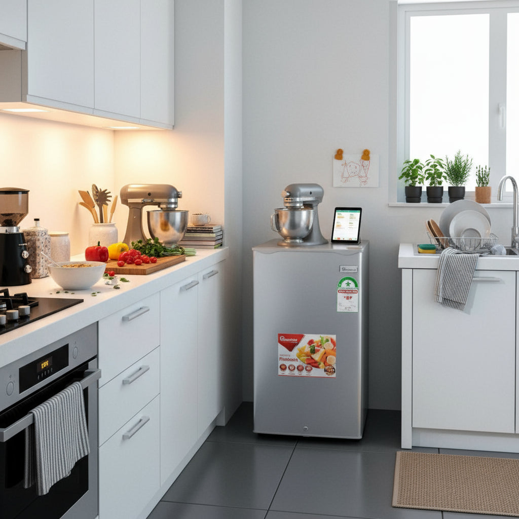 silver 90l single door fridge with lock, glass shelf, and freezer compartment