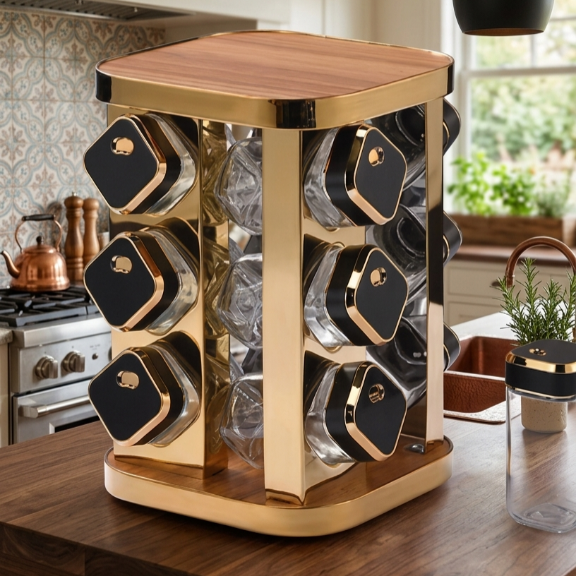 12 Piece Marble Spice Rack With Wooden Top