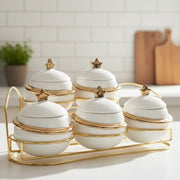 11pcs golden sugar dish set with airtight lids on rack