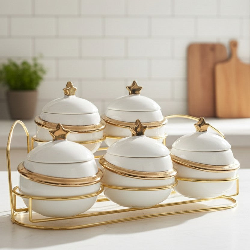 11pcs golden sugar dish set with airtight lids on rack