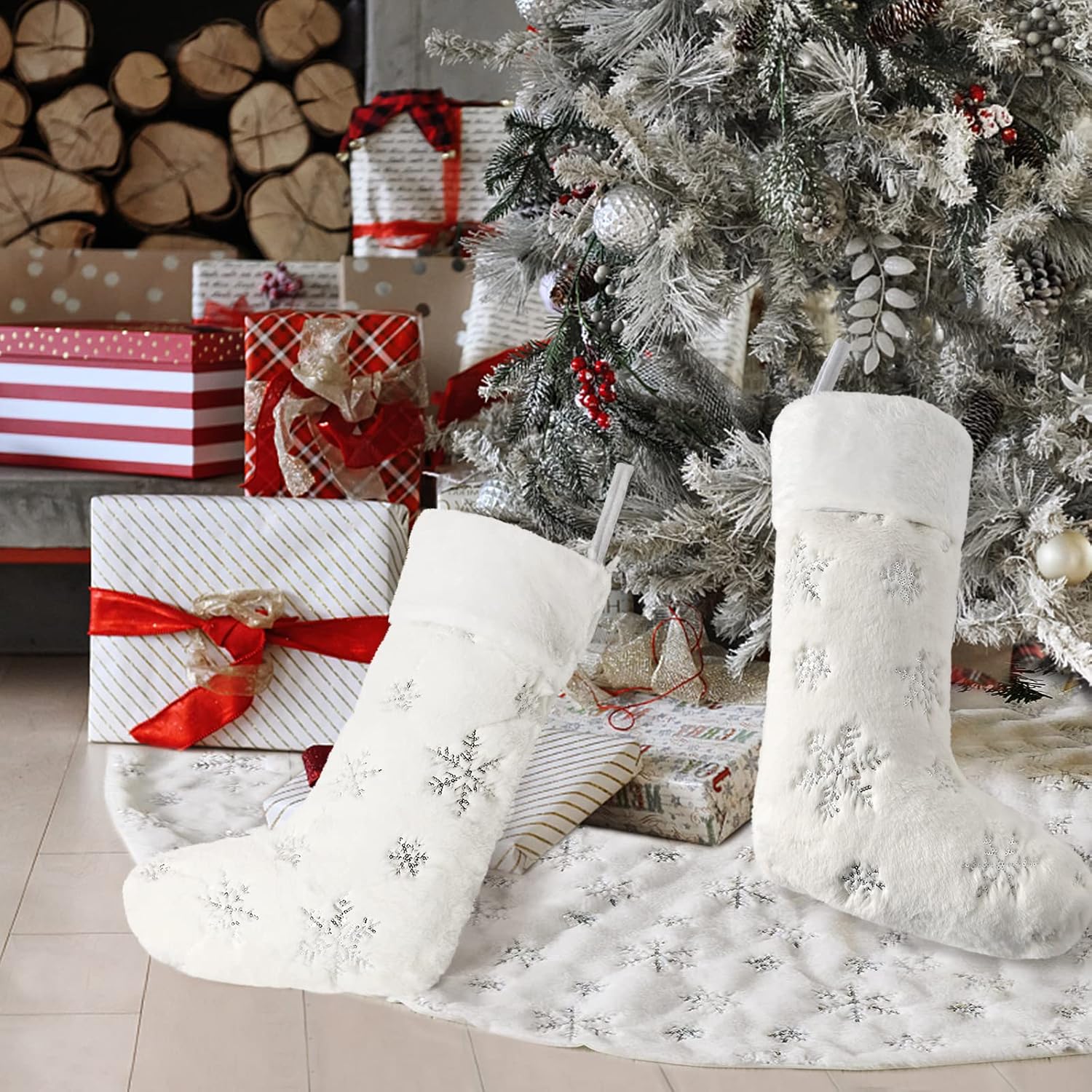 4Pc Christmas White Faux Fur Socks with Snowflakes
