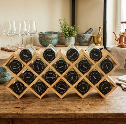 Wooden Spice Rack Set – 18 Glass Jars with Pre-Labelled Stickers