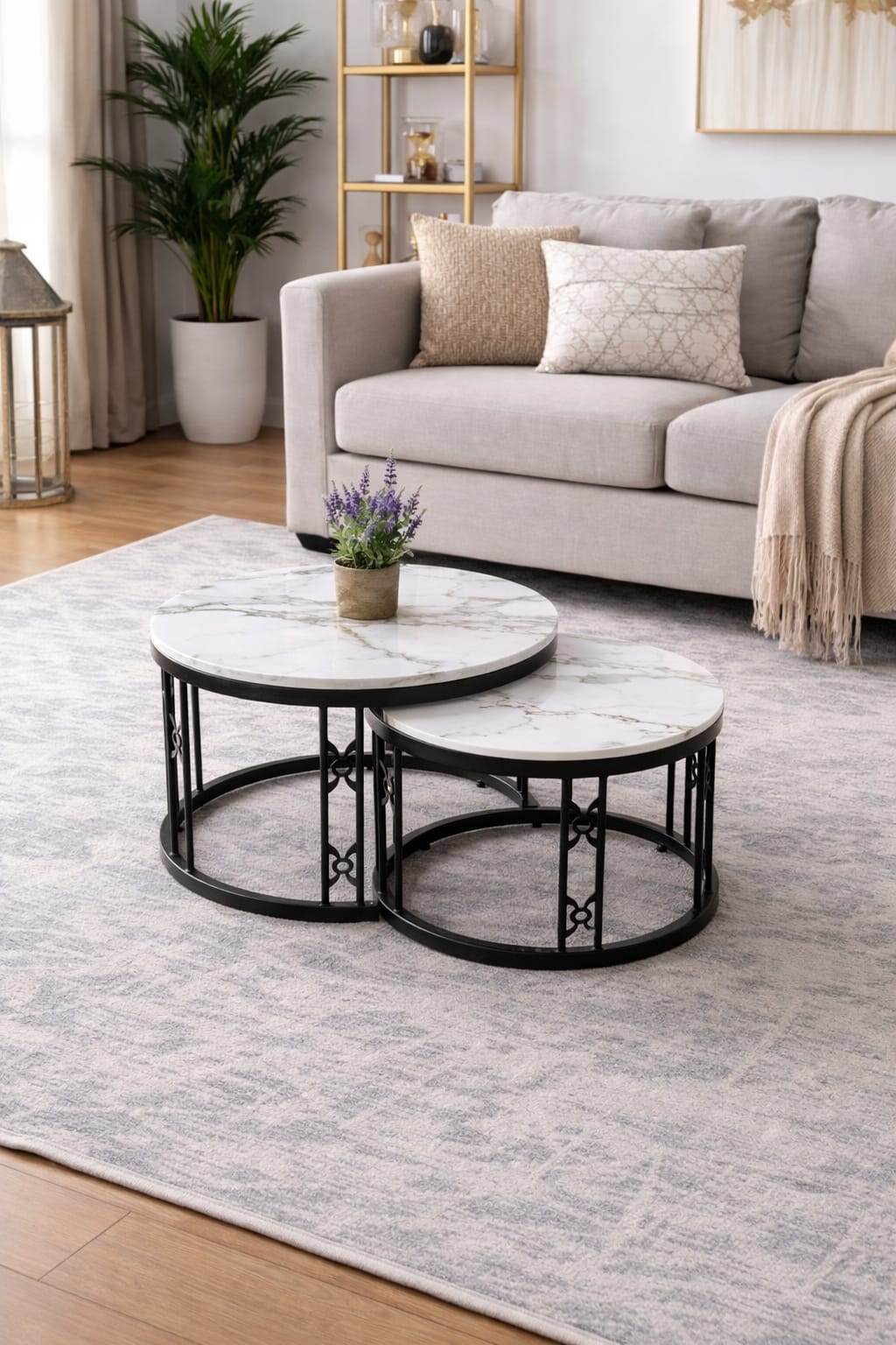 Two-piece pure marble nesting stool set with large and small polished stools for seating or display