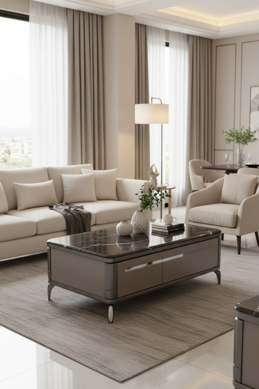 Dark Marble Coffee Table with Storage Drawers FCT1279