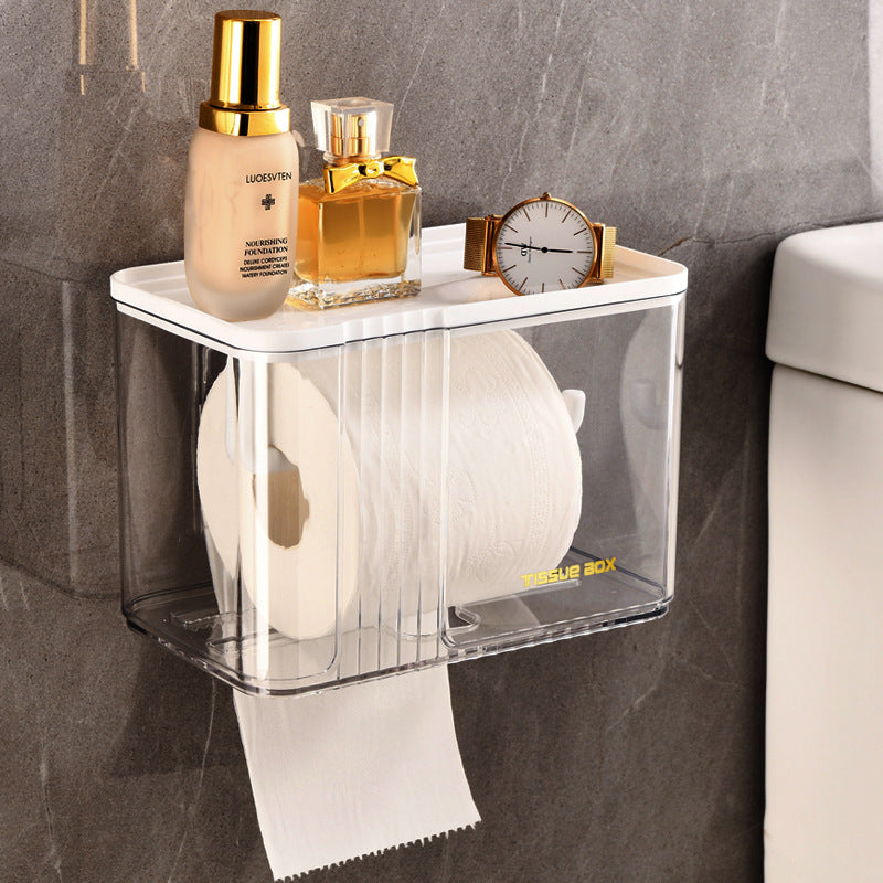 White waterproof wall mounted tissue box with storage tray for bathroom and kitchen use.