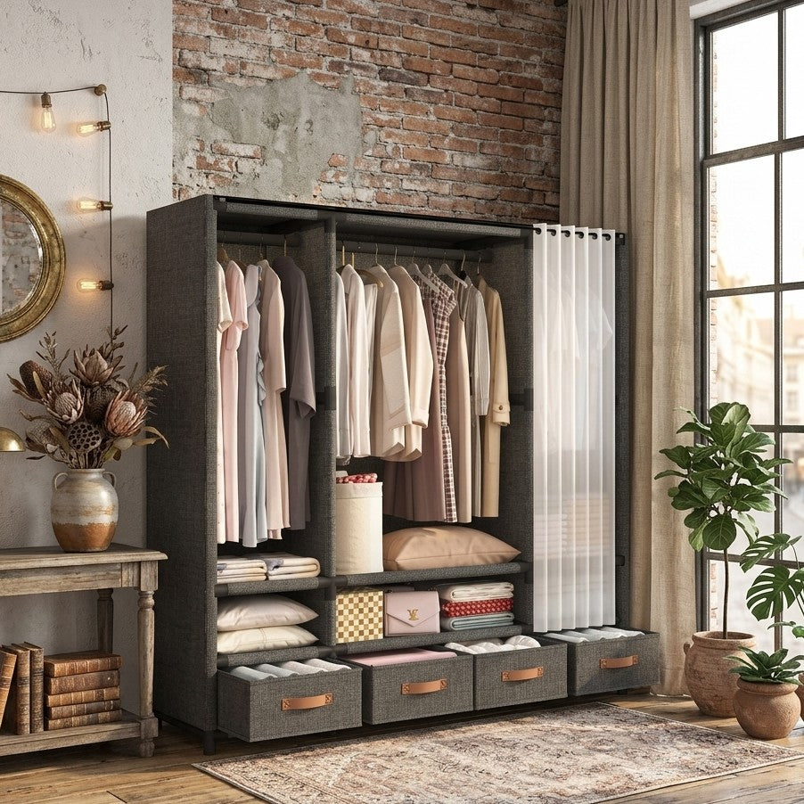 Black heavy duty metallic wardrobe for spacious and durable bedroom storage organization.
