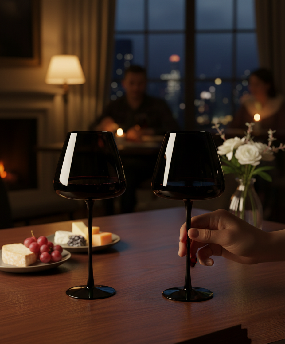 Set of two 720ml long stem black wine glasses with sleek modern design.