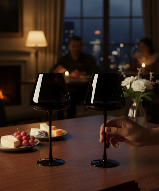 Set of two 720ml long stem black wine glasses with sleek modern design.