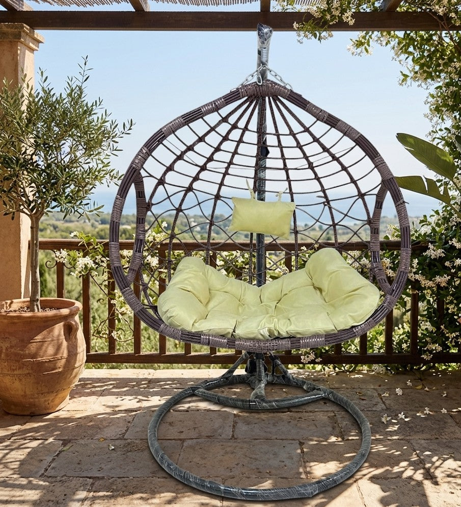 Two seater hanging egg chair with steel stand and cushions, outdoor hammock swing for garden or balcony. 