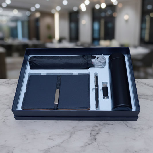 5 in 1 Corporate gift pack with umbrella, notebook, USB drive, and vacuum flask