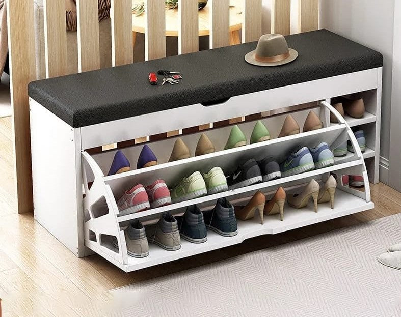 3-layer modern bucket flip shoe cabinet with cushioned seat, available in white, black, brown, and grey, 100x51x30cm