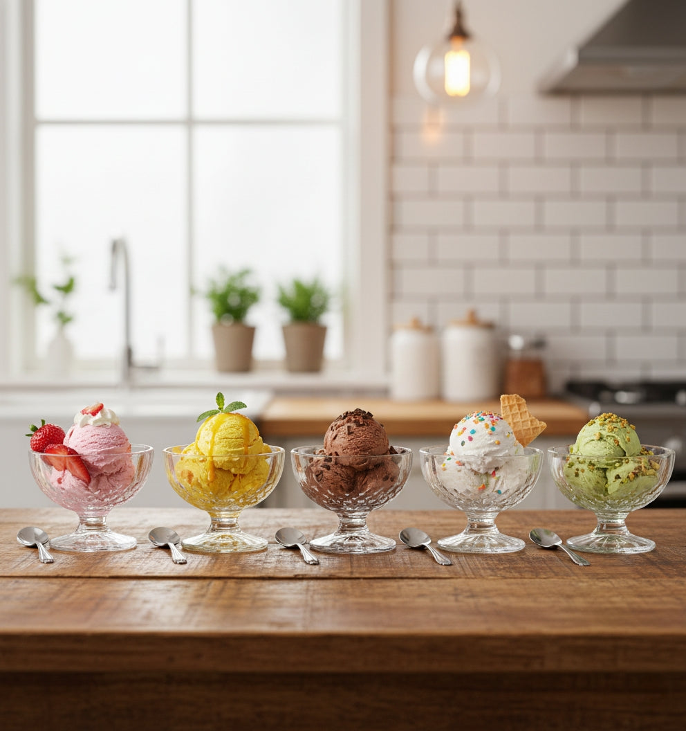 Six clear glass salad bowls arranged in a set.