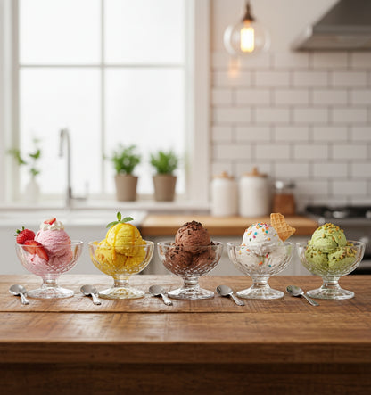 Six clear glass salad bowls arranged in a set.
