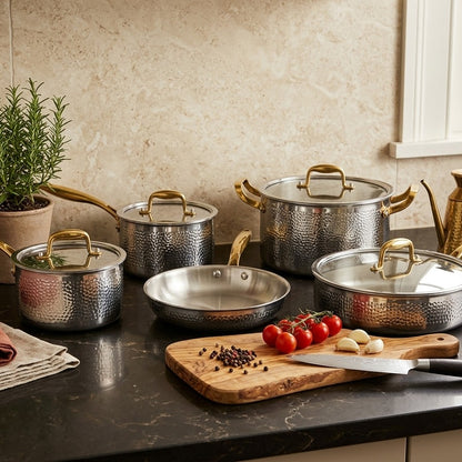 10pcs triply stainless steel cookware set with hammered design and honeycomb non stick pans for all cooktops.