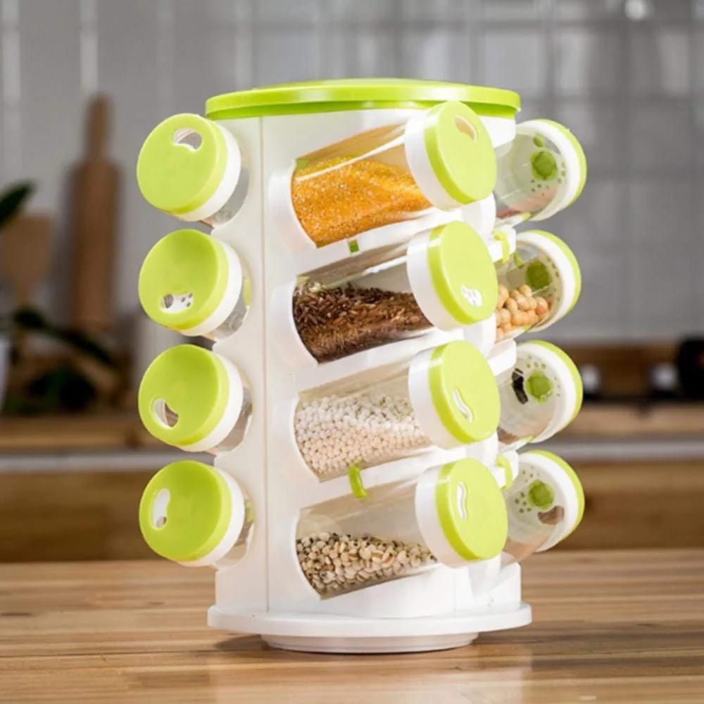 16-in-1 rotating spice rack with individual lids, modern kitchen organizer for spices and seasonings