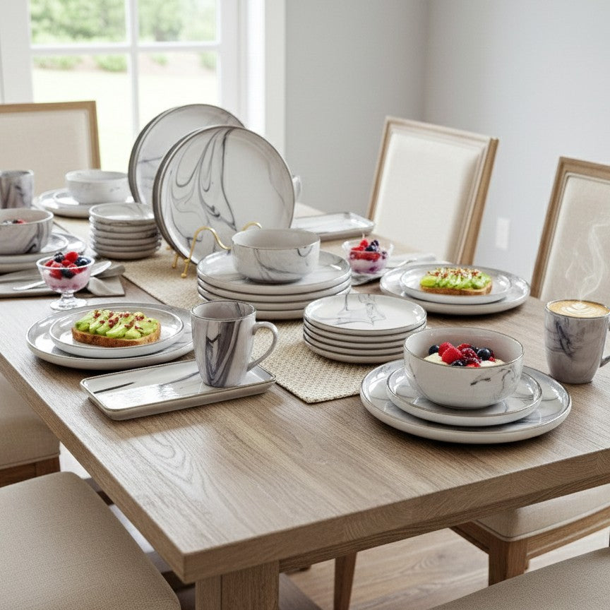 26-piece Marble grey ceramic dinner set with plates, bowls, and cups.
