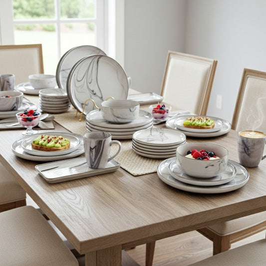 26-piece Marble grey ceramic dinner set with plates, bowls, and cups.