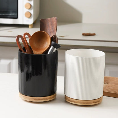 Ceramic Spoon Holder With Bamboo Base