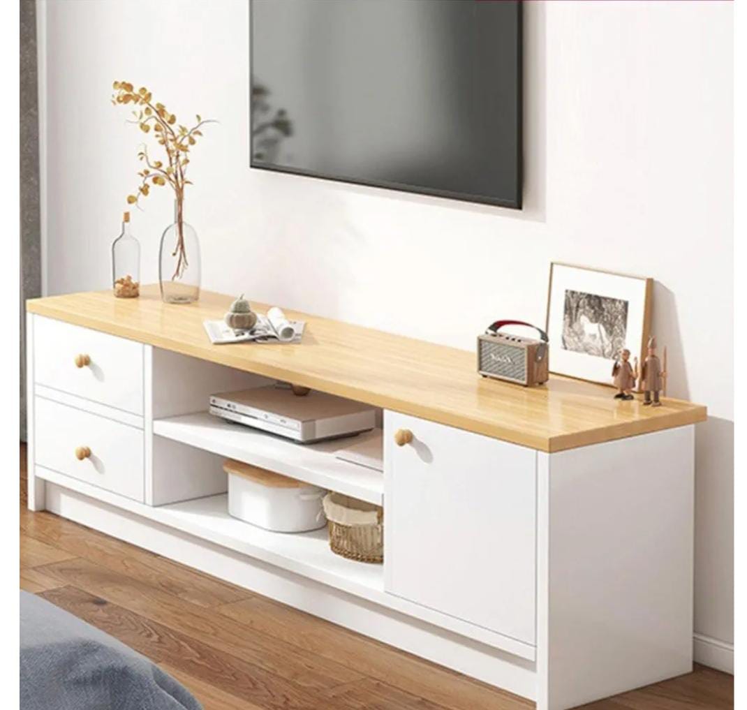 Mini white and yellow oak TV cabinet with storage compartments for home entertainment setup.