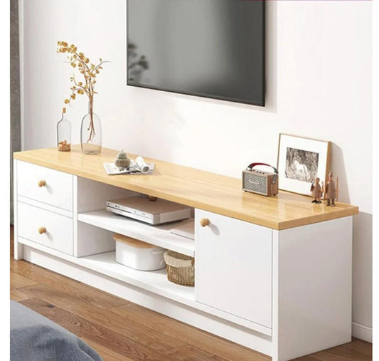 Mini white and yellow oak TV cabinet with storage compartments for home entertainment setup.