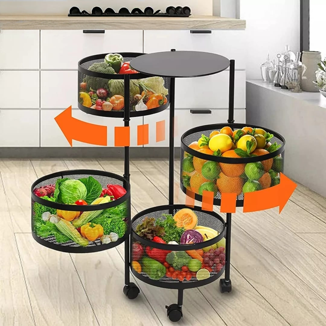 4 Tier rotating fruit and vegetable rack with wheels for multipurpose home storage