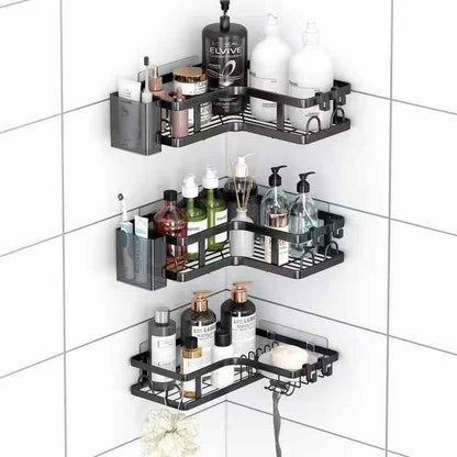 Black 3-piece corner shower caddy shelf bathroom organizer set.