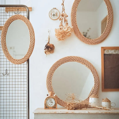 Modern Oval Rattan Bamboo Decorative Mirror