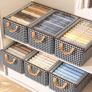 Collapsible checked closet organizer with cover, foldable cotton storage box for clothes 47 by 28 by 20 cm