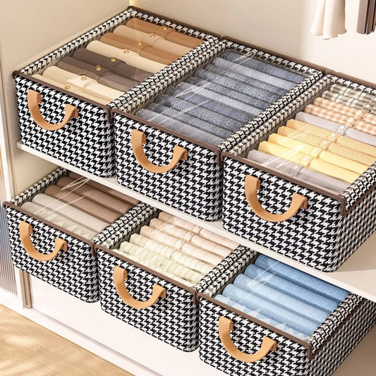 Collapsible checked closet organizer with cover, foldable cotton storage box for clothes 47 by 28 by 20 cm