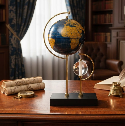 Desktop globe with crystal ball accent, elegant decorative piece for home or office