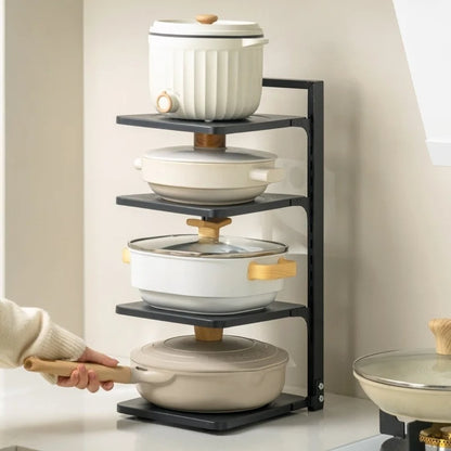 Black 4-tier metal kitchen storage rack with adjustable shelves for pots and pans

