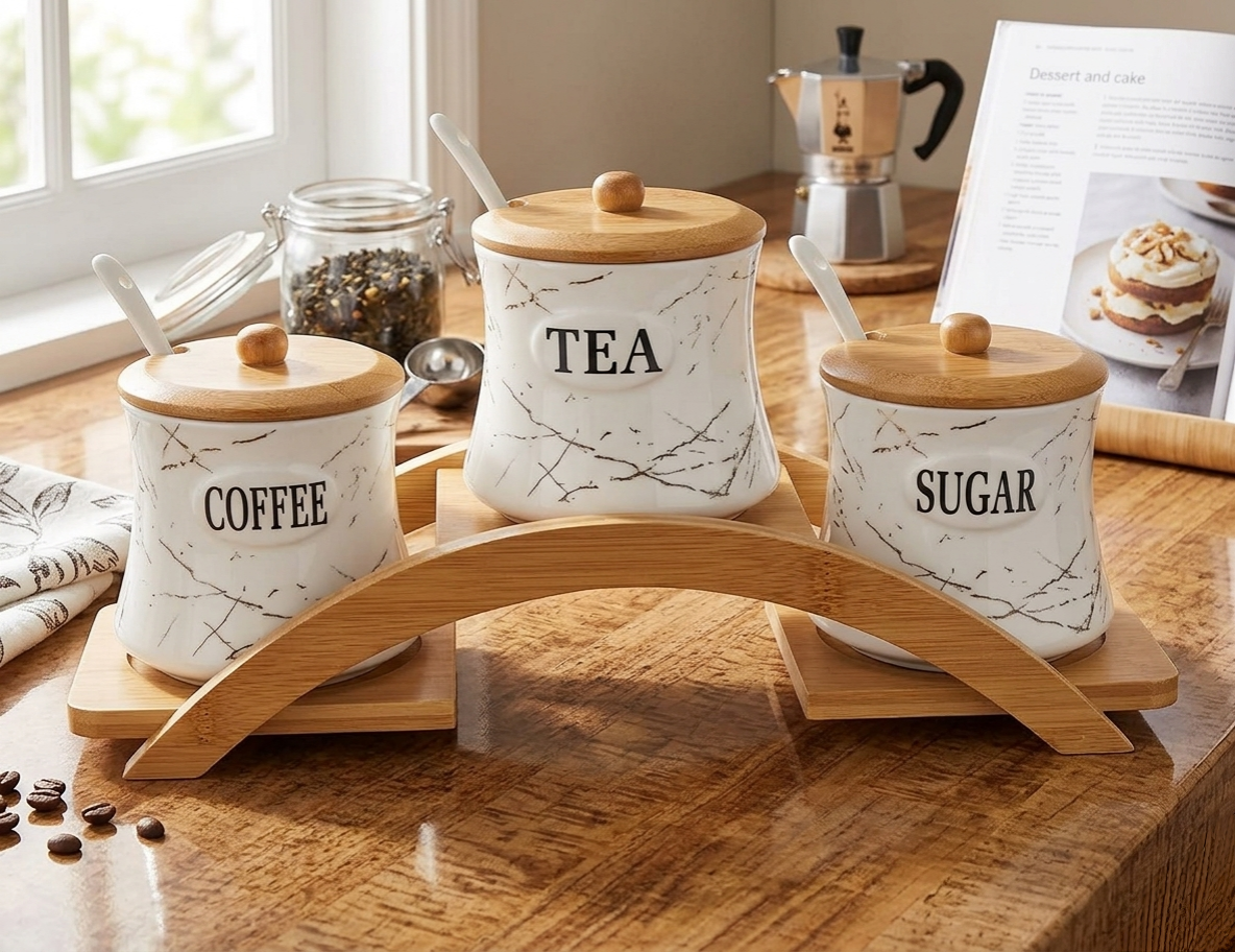 3 Piece Canister Set With Golden Rack