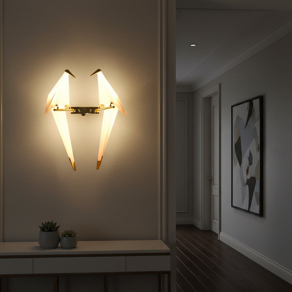 Dawood Lifestyle & Gadgets kes origami bird LED wall sconce with two geometric birds on a gold metal frame, warm white lighting, and modern decorative wall-mounted design.