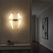 Dawood Lifestyle & Gadgets kes origami bird LED wall sconce with two geometric birds on a gold metal frame, warm white lighting, and modern decorative wall-mounted design.