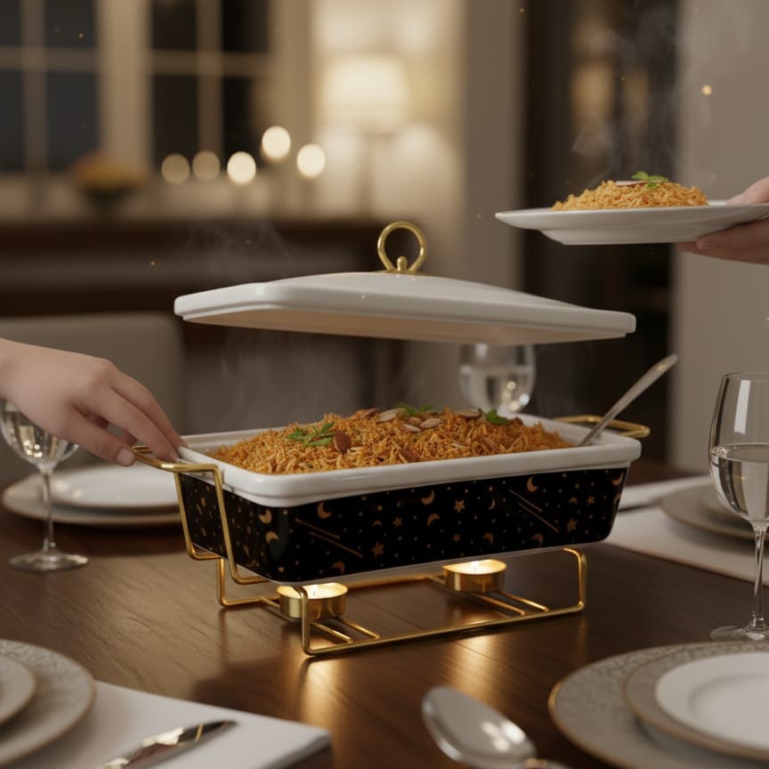 Medium ceramic chafing dish with black moon and star design