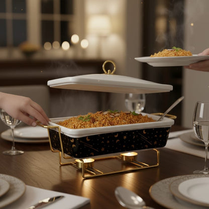 Medium ceramic chafing dish with black moon and star design