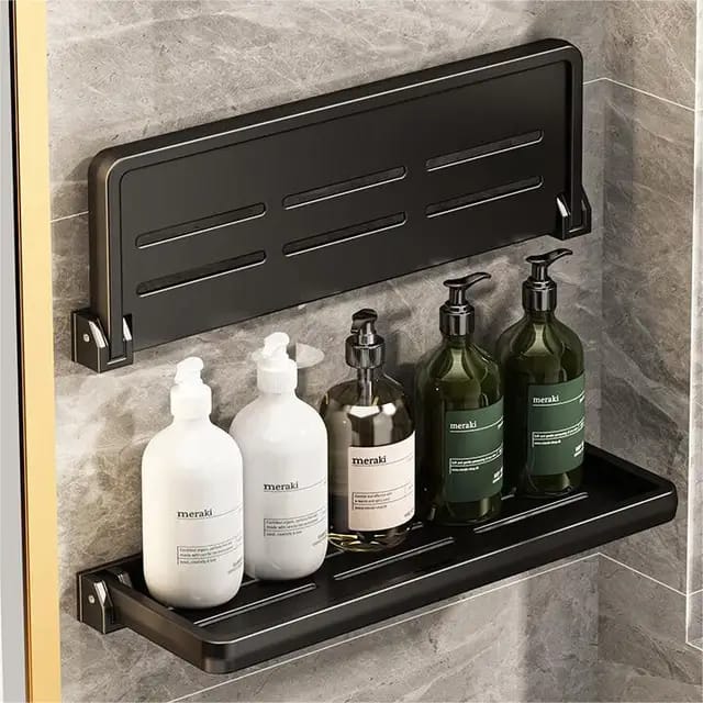 Foldable metallic rectangular floating shelf for bathroom and kitchen use.