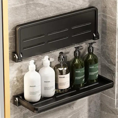 Foldable metallic rectangular floating shelf for bathroom and kitchen use.
